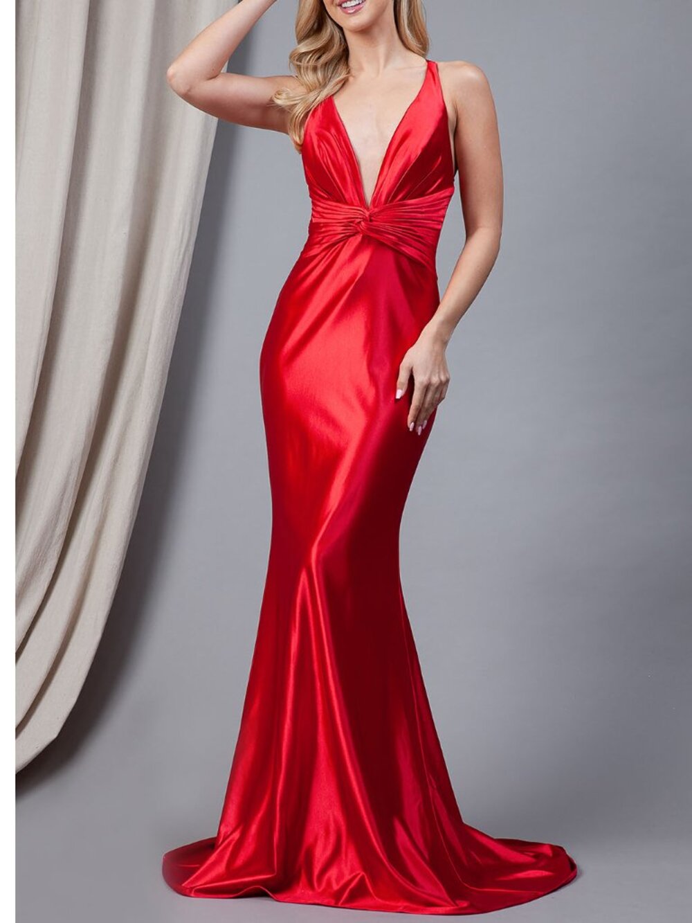Red Deep V-Neck Satin Formal Evening Dress 8
